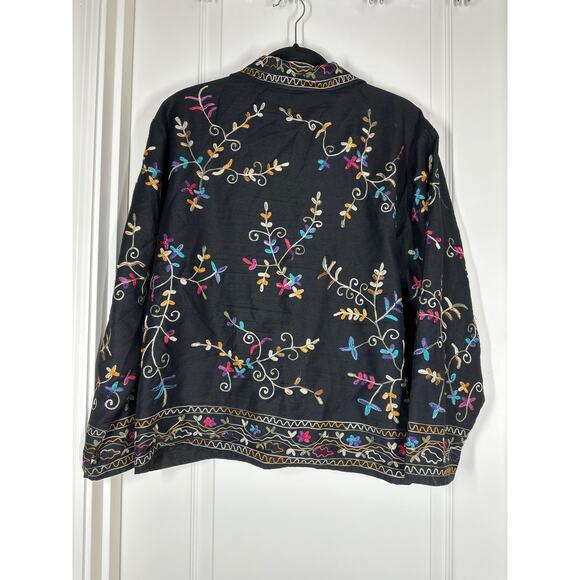 Life Style Black Floral Silk Blend Embroidered Long Sleeve Lightweight Jacket M - Picture 8 of 15